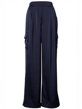 Bishop & Young Pull-On Satin Cargo Pant Navy Blue Medium NWT Wide Leg